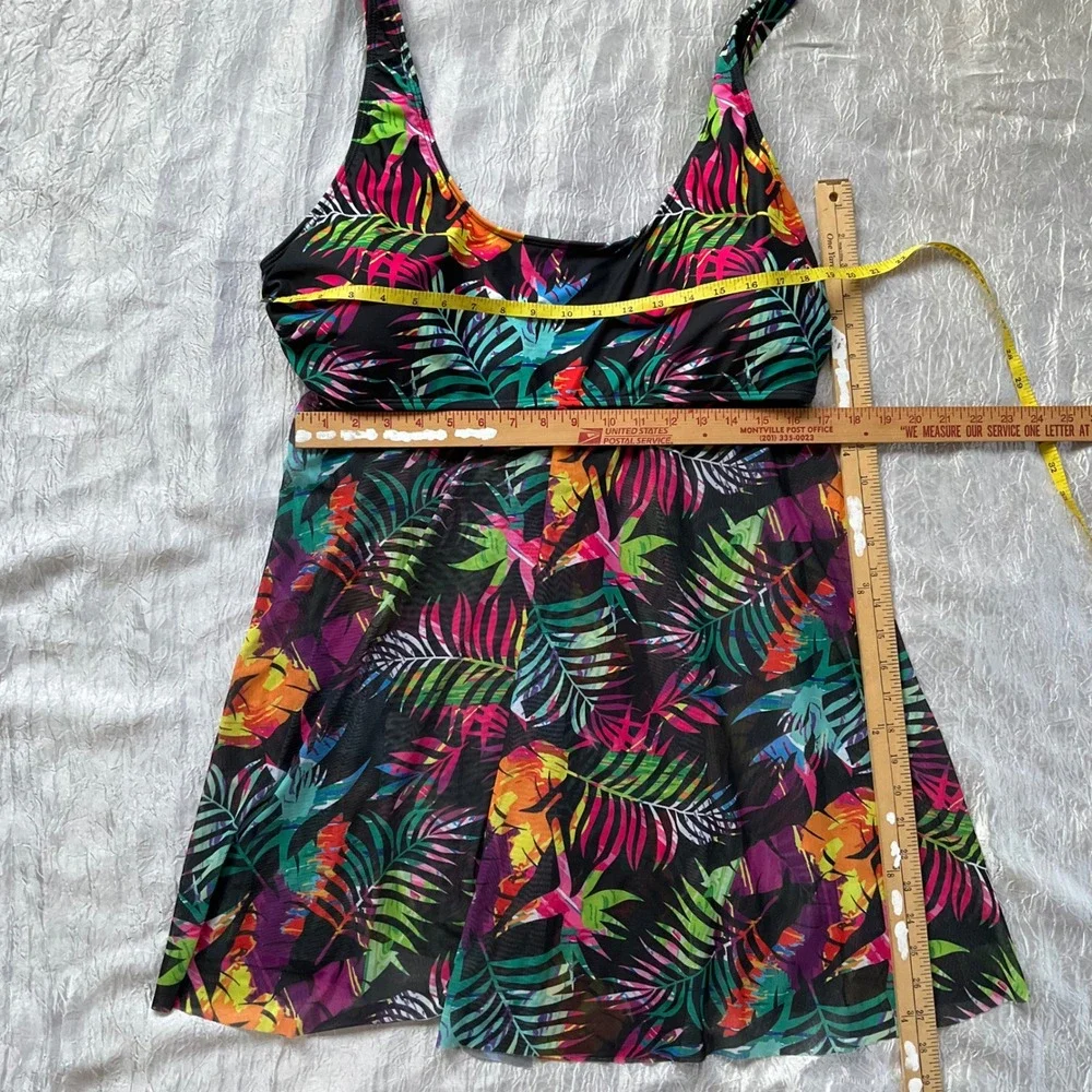 4XL Tropical Palm  Print Swim Dress Tankini Top Mesh Overlay Cover Up Front Slit
